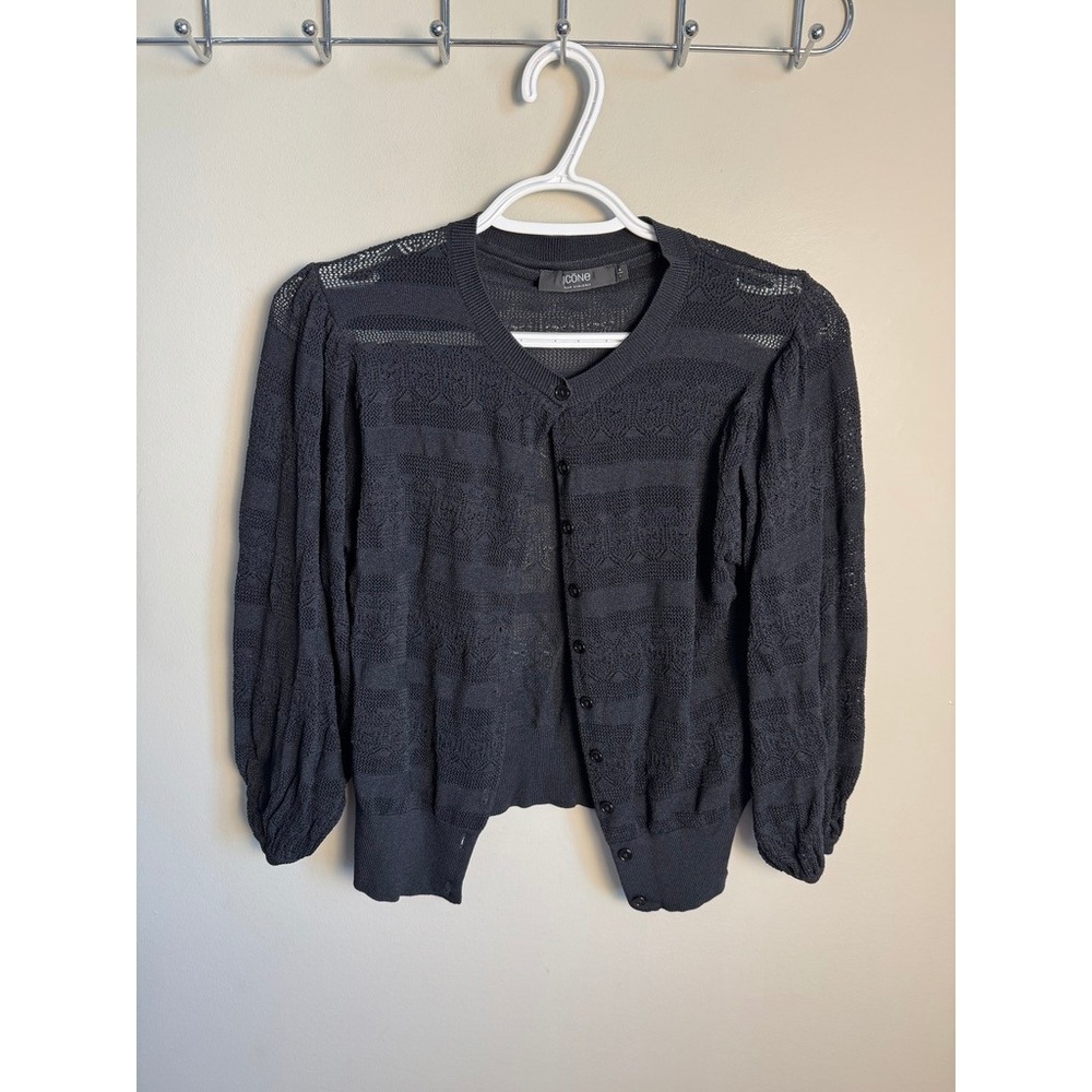 Icone Womens Black Pointelle Knit Puff Sleeve Cardigan L Chic Feminine Layering